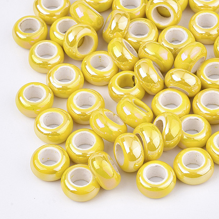 Honeyhandy Electroplate Porcelain Beads, Large Hole Beads, AB Color Plated, Rondelle, Yellow, 12~13x6.5mm, Hole: 6mm