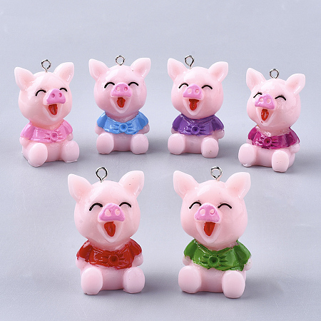 ARRICRAFT Resin Pendant Rhinestone Settings, with Platinum Tone Iron Findings, Cartoon Piggy with Clothes, Mixed Color, Fit for 2mm Rhinestone, 36x23~24x20mm, Hole: 2mm