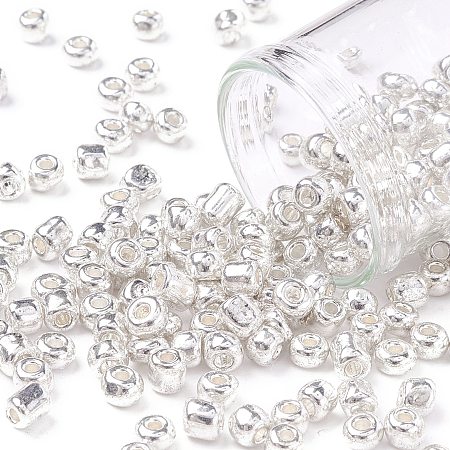 Honeyhandy 6/0 Glass Seed Beads, Metallic Colours Style, Round, Silver, 6/0, 4mm, Hole: 1.5mm, about 500pcs/50g