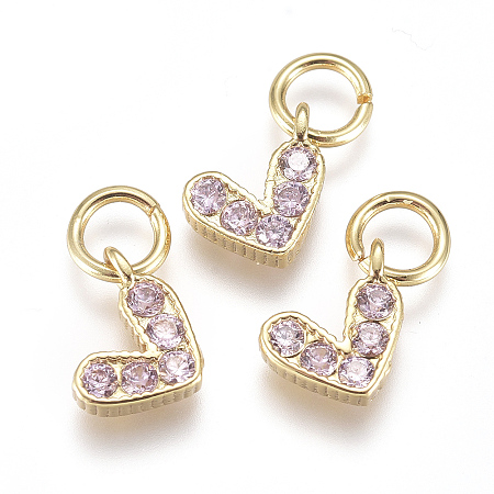 Honeyhandy Brass Micro Pave Cubic Zirconia Charms, with Jump Ring, Long-Lasting Plated, Real 18K Gold Plated, Heart, Pink, 6x8x2mm, Hole: 3mm