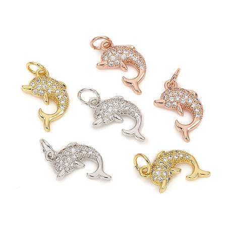 Brass Micro Pave Cubic Zirconia Charms, with Jump Rings, Dolphin, Clear, Mixed Color, 14x9x2.5mm, Jump Rings: 4.8x0.8mm, 3.2mm Inner Diameter