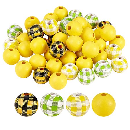 Arricraft 110Pcs Painted Natural Wood Beads, Plaid Beads, Round & Round with Tartan Pattern, Mixed Color, 16mm, Hole: 4mm