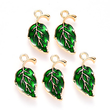 ARRICRAFT Alloy Enamel Pendants, Leaf, Light Gold, Green, 20x10x2mm, Hole: 1.6mm