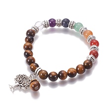 Honeyhandy Chakra Jewelry, Natural Tiger Eye Bracelets, with Metal Tree Pendants, 50mm