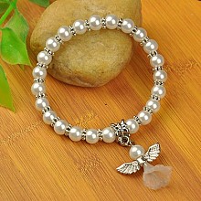 Honeyhandy Lovely Wedding Dress Angel Bracelets for Kids, Carnival Stretch Bracelets, with Glass Pearl Beads and Tibetan Style Beads, White, 45mm