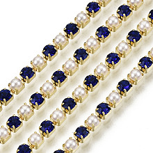 Honeyhandy Brass Rhinestone Strass Chains, with ABS Plastic Imitation Pearl, Rhinestone Cup Chain, Grade A, Raw(Unplated), Sapphire, 2x2mm, 4000pcs rhinestone/bundle, about 32.8 Feet(10m)/bundle