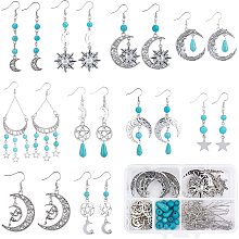 SUNNYCLUE 1 Box DIY 10 Pairs Bohemian Style Sun Moon Star Charms Earring Making Kit Fairy Charm Moon Phase Charms for Jewelry Making Synthetic Turquoise Gemstone Round Beads Adult Women Starter Kit