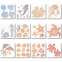 GORGECRAFT 12 Styles 18x18cm Sea Creatures Stencils Square Painting Template Coral Shell Conch Sea Turtle Starfish Tropical Fish Reusable Summer Ocean Theme Drawing Stencil for DIY Crafts scrapbooking