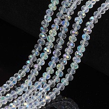 Honeyhandy Electroplate Glass Beads Strands, Half Rainbow Plated, Faceted, Rondelle, Clear, 10x8mm, Hole: 1mm, about 63~65pcs/strand, 19.2~20 inch(48~50cm)