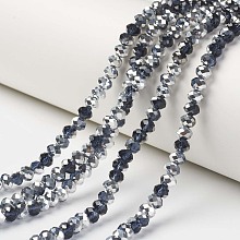 Honeyhandy Electroplate Transparent Glass Beads Strands, Half Silver Plated, Faceted, Rondelle, Prussian Blue, 6x5mm, Hole: 1mm, about 92~94pcs/strand, 17~17.5 inch(42.5~43.75cm)