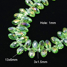 Honeyhandy Electroplate Glass Faceted Teardrop Beads Strands, Top Drilled Beads, AB Color Plated, Lime Green, 11.5~13x6mm, Hole: 1mm, about 100pcs/strand, 16.5 inch