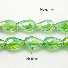 Honeyhandy Electroplate Glass Beads Strands, AB Color Plated, Faceted Teardrop, Lime Green, 15x10mm, Hole: 1mm, 50pcs/strand, 27.1 inch