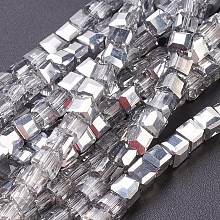 Honeyhandy Electroplate Glass Beads Strands, Half Plated, Faceted Cube, Silver, 4x4x4mm, Hole: 1mm, about 100pcs/strand, 16.9 inch