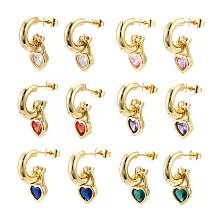 Honeyhandy Cubic Zirconia Heart Padlock Dangle Stud Earrings, Real 18K Gold Plated Brass Half Hoop Earrings for Women, Nickel Free, Mixed Color, 21.5mm, Pin: 0.9mm