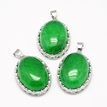 Honeyhandy Natural Malaysia Jade Pendants, with Brass Findings, Oval, Platinum, 30x21x10~11mm, Hole: 6x4mm