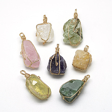 Honeyhandy Natural Mixed Stone Pendants, with Brass Wire, Nuggets, Golden, 35~45x20~30x20~25mm, Hole: 4mm