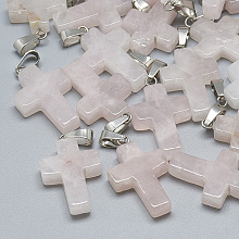 Honeyhandy Natural Rose Quartz Pendants, with Stainless Steel Snap On Bails, Cross, 29~30x18~19x5~6mm, Hole: 6x4mm