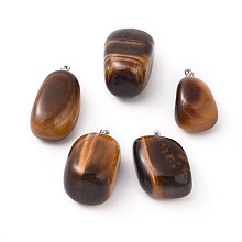 Honeyhandy Natural Tiger Eye Pendants, with Platinum Tone Brass Findings, Nuggets, 23~30x13~22x12~20mm, Hole: 5x3mm