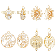 Beebeecraft 1 Box 8Pcs 4 Style Bee Charms 18K Gold Plated and Cubic Zirconia Flower Honeycomb Pendants Charms Insects Earring Findings for DIY Jewelry Making