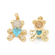 Honeyhandy Real 18K Gold Plated Brass Micro Pave Clear Cubic Zirconia Pendants, Bear Charms, Cyan, 21x16x5mm, Hole: 4.5x2.5mm