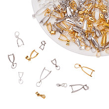 PandaHall Elite 120 Pieces Brass Pinch Clip Bail Clasp Dangle Charm Bead Pendant Connector Findings 12 Styles for Jewelry Making 3 Colors