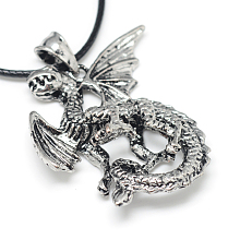 Honeyhandy Alloy Pendant Necklaces, with Waxed Cord and Iron End Chains, Dragon, Antique Silver, 17.3 inch(44cm)