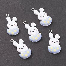 Honeyhandy Opaque Resin Pendants, with Platinum Tone Iron Loops, Easter Theme, Rabbit with Eggshell, White, 32.5x15.5x5mm, Hole: 2mm