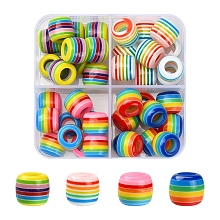 40Pcs 4 Colors Opaque Stripe Resin European Beads, Large Hole Beads, Barrel, Mixed Color, 11x10.5mm, Hole: 6mm, 10pcs/color