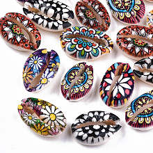 Honeyhandy Printed Natural Cowrie Shell Beads, No Hole/Undrilled, with Flower Pattern, Colorful, 18~22x13~14x6~8mm