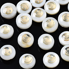 Honeyhandy Freshwater Shell Beads, Golden Metal Enlaced, Flat Round with Smiling Face, White, 8.5x3.5~5mm, Hole: 0.8mm