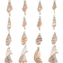 SUNNYCLUE 1 Box 16Pcs 4 Style Electroplate Spiral Seashells Craft Charms Connectors Pendant Conch Shells Charms with Plated Golden Loop Bail for Bracelet Necklace Making Craft Supplies