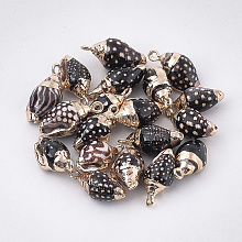 Honeyhandy Electroplate Spiral Shell Pendants, with Iron Findings, Golden, Black, 16~20x8~11x7~10mm, Hole: 1.5mm