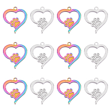 DICOSMETIC 12Pcs 2 Colors Enamel Stainless Steel Pendant Heart with Dog Footprint Charms Rainbow Colors Cabochon Settings Accessories Charms for DIY Pendant Jewelry Making, Hole: 2mm