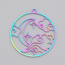 Honeyhandy Ion Plating(IP) 201 Stainless Steel Pendants, Laser Cut, Ring with Cloud & Moon, Rainbow Color, 32.5x30x1mm, Hole: 1.8mm