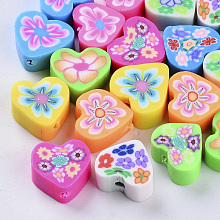 Honeyhandy Handmade Polymer Clay Beads, Heart, Mixed Color, 9~11x10~11x4~5mm, Hole: 2mm