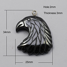 Honeyhandy Non-magnetic Hematite Pendants, Grade A, with Iron Findings, Eagle/Hawk Charm, Black, 34x25x3mm, Hole: 2mm