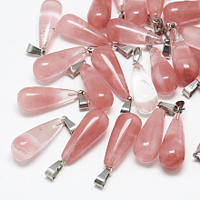 Honeyhandy Cherry Quartz Glass Pendants, with Stainless Steel Snap On Bails, teardrop, 28~30x10~12mm, Hole: 6x4mm