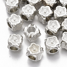 Honeyhandy Plating ABS Plastic European Beads, Large Hole Beads, Cube with Flower, Platinum, 8.5x8.5x8.5mm, Hole: 4.5mm