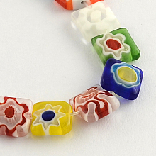 Honeyhandy Square Handmade Millefiori Glass Beads Strands, Mixed Color, 10x10x4mm, Hole: 1mm, about 38pcs/strand, 14.5 inch