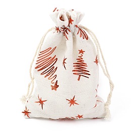 Honeyhandy Christmas Theme Cotton Fabric Cloth Bag, Drawstring Bags, for Christmas Party Snack Gift Ornaments, Christmas Tree Pattern, 14x10cm