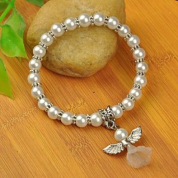 Honeyhandy Lovely Wedding Dress Angel Bracelets for Kids, Carnival Stretch Bracelets, with Glass Pearl Beads and Tibetan Style Beads, White, 45mm