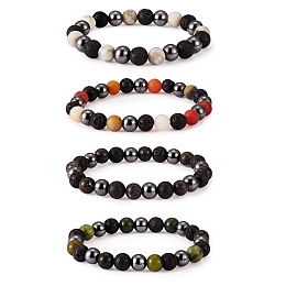 Honeyhandy 4Pcs 4 Style Natural Gemstone Round Beaded Stretch Bracelets Set, Stone Jewelry for Men Women, Inner Diameter: 2-1/8 inch(5.3cm), 1pc/style