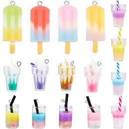 SUNNYCLUE 32Pcs 16 Styles Boba Cup Charms Milk Tea Charm Resin Ice Lolly Cream Pendants Popsicle Bottles Summer Pendant for Jewelry Making Charms Supplies Keychain Dangles Earring Necklace DIY Craft