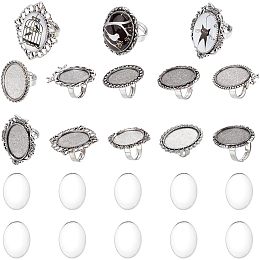 SUNNYCLUE 10Pcs Glass Cabochon Rings Bezel Blank Rings Oval Cabochon Rings Flower Bird Retro Ring Components Glass Cabochons Tibet Style Finger Ring Blanks for Jewelry Making Kits DIY Craft Supplies