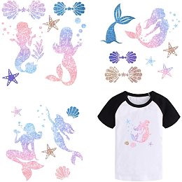 Arricraft 4 Pcs PET Dreamy Mermaid Shell Iron-on Heat Transfer Stickers Iron On Patches Washable Heat Transfer Stickers Clothes Patch Appliques for DIY Clothes Decoration 9.06x9.06in