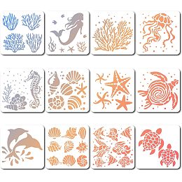 GORGECRAFT 12 Styles 18x18cm Sea Creatures Stencils Square Painting Template Coral Shell Conch Sea Turtle Starfish Tropical Fish Reusable Summer Ocean Theme Drawing Stencil for DIY Crafts scrapbooking