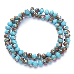 Electroplate Opaque Solid Color Glass Beads Strands, Half Plated, Rainbow Plated, Faceted, Rondelle, Sky Blue, 8x6mm, Hole: 1mm, about 65~68pcs/strand, 15.7~16.1 inch(40~41cm)