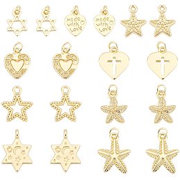 PandaHall Elite 9 Styles Star Heart Charms, 18pcs Starfish Star of David Charms Little Star Pendants 14K Gold Plated Alloy Charms for Jewelry Making Valentine's Day, Christmas