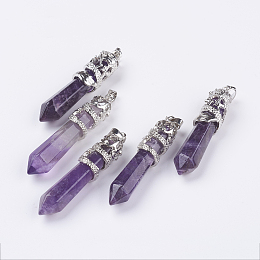 Honeyhandy Natural Amethyst Big Pointed Pendants, with Alloy Findings, Faceted, Bullet, Platinum, 59~63x11~12mm, Hole: 4x7mm