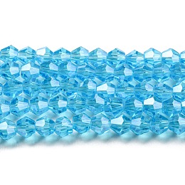 Honeyhandy Transparent Electroplate Glass Beads Strands, Pearl Luster Plated, Faceted, Bicone, Deep Sky Blue, 4x4mm, Hole: 0.8mm, about 82~85pcs/strand, 30.5~31cm